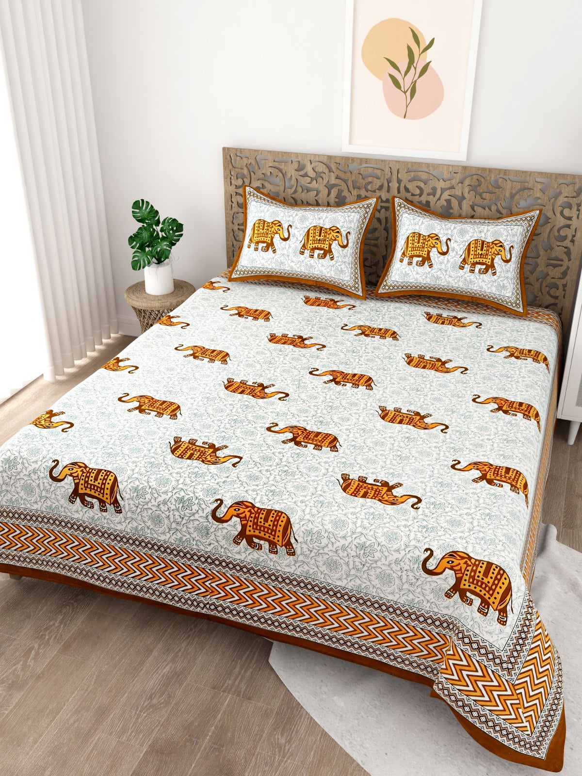 Elephant Zigzag Border Orange King Size Cotton Bedsheet