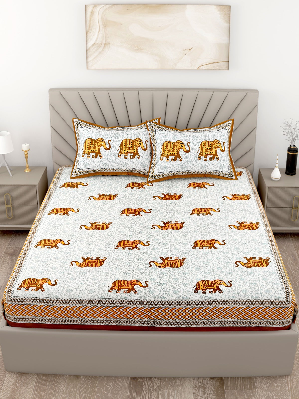 Elephant Zigzag Border Orange King Size Cotton Bedsheet