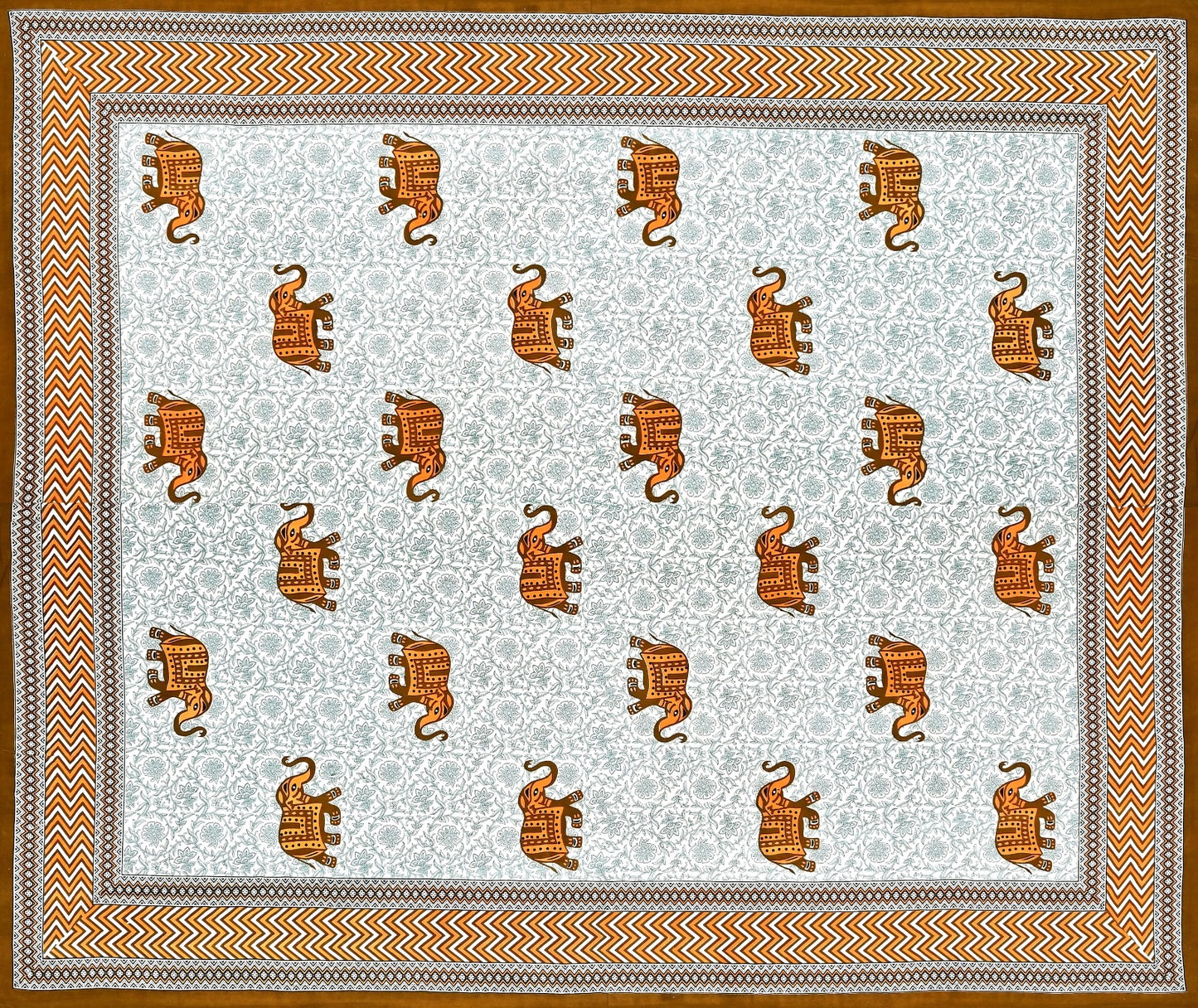 Elephant Zigzag Border Orange King Size Cotton Bedsheet