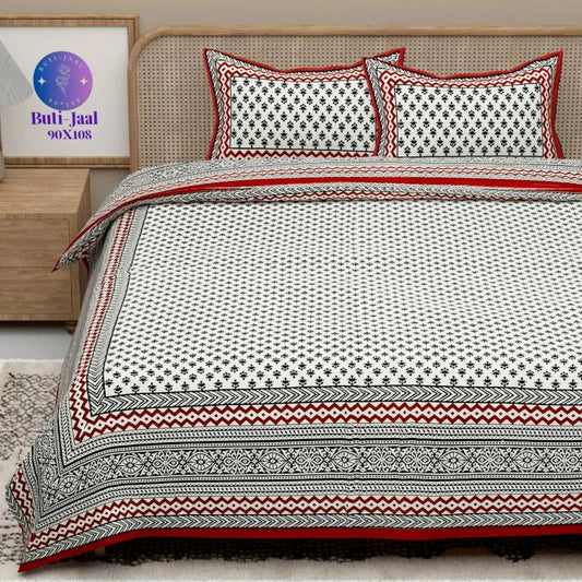 Sanganeri Printed Red King Size Bedsheet