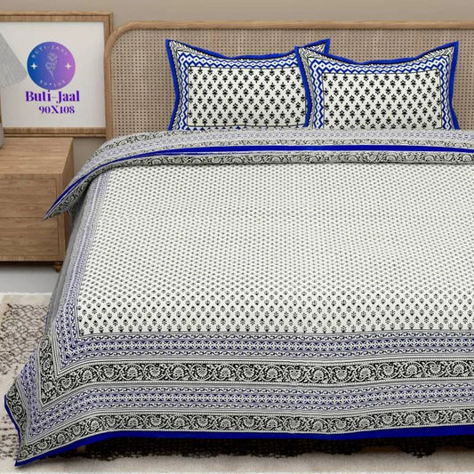 Sanganeri Printed Blue King Size Bedsheet