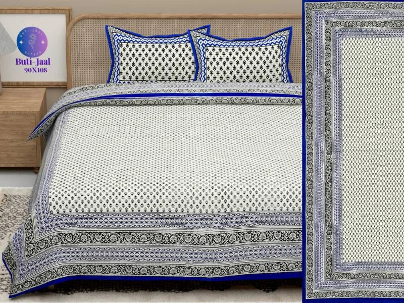 Sanganeri Printed Blue King Size Bedsheet