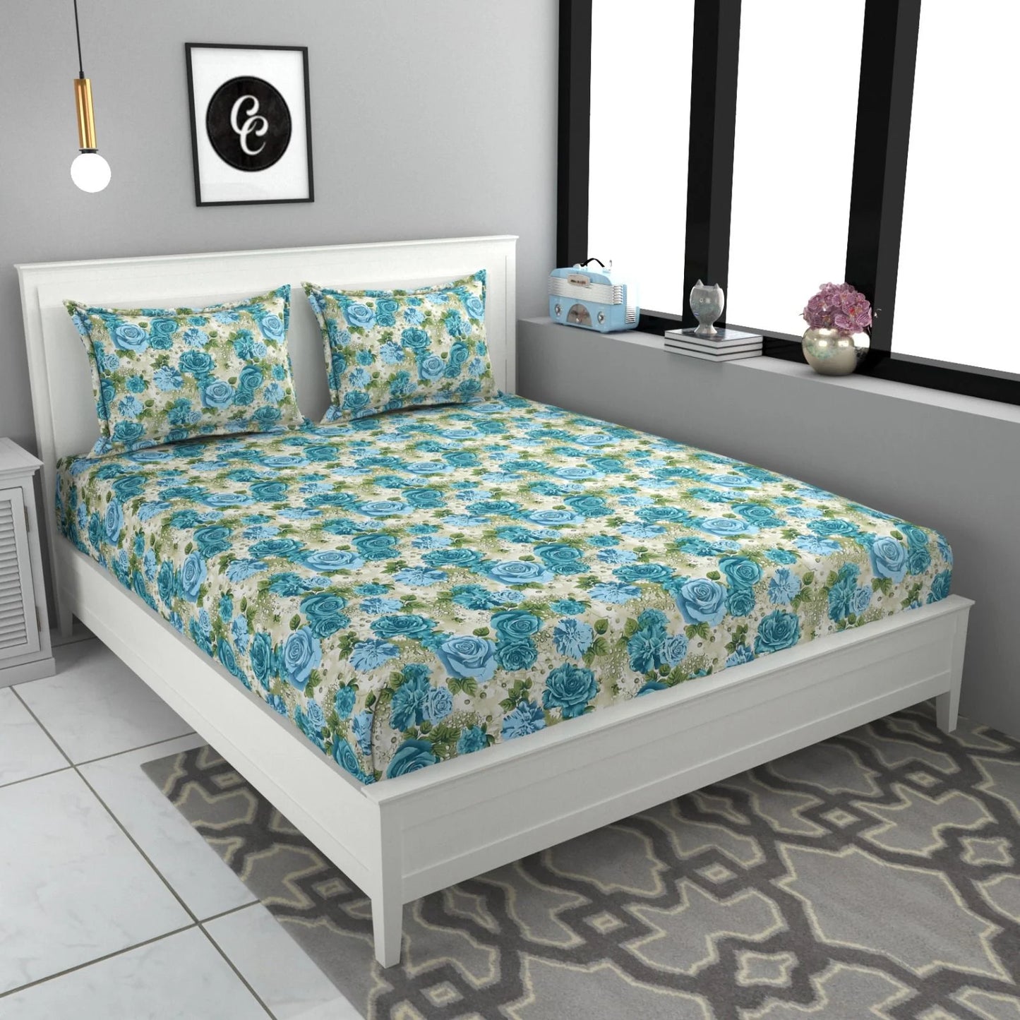 Fitted Blue Supersoft Floral Bedsheet