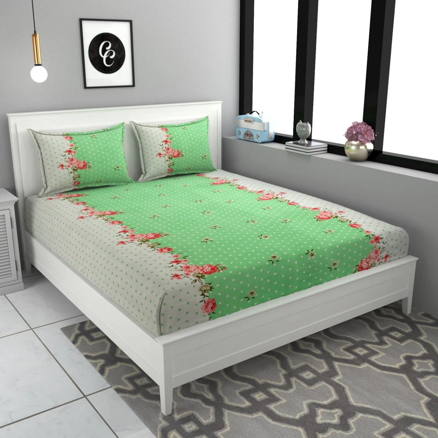 Green Floral Supersoft Fitted Cotton Bedsheet