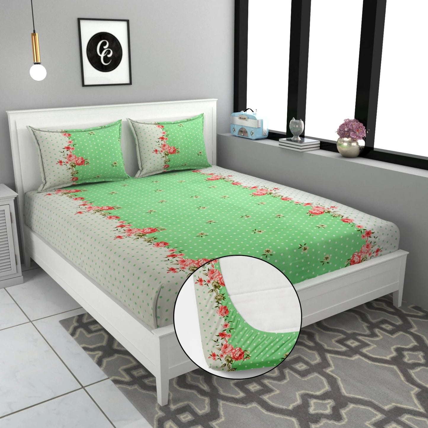 Green Floral Supersoft Fitted Cotton Bedsheet