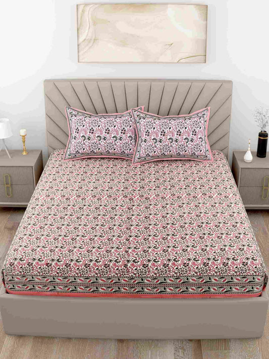 Classic Floral Printed Pink King Size Cotton Bedsheet