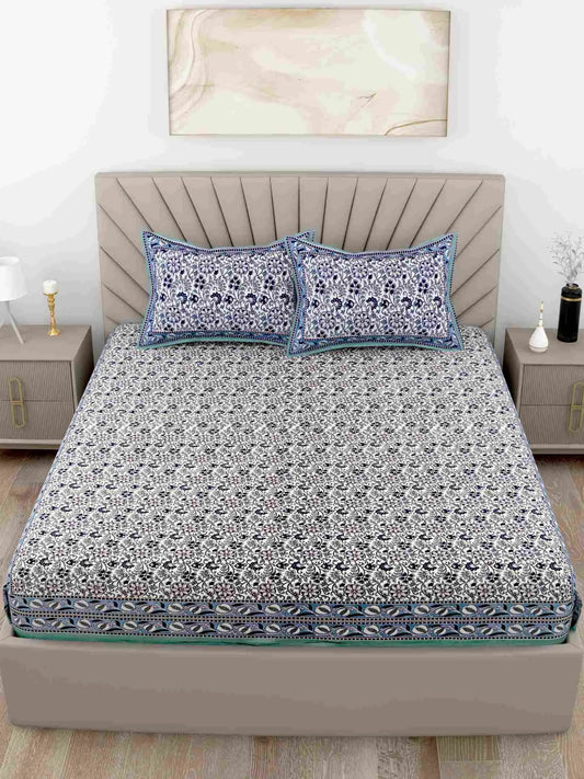 Classic Floral Printed Blue King Size Cotton Bedsheet