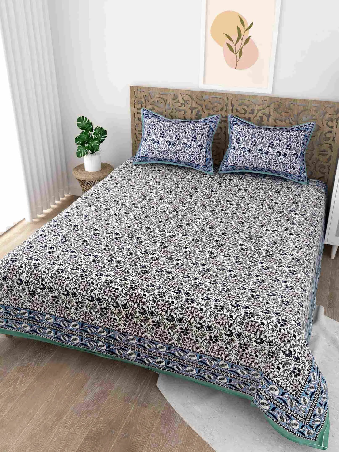 Classic Floral Printed Blue King Size Cotton Bedsheet