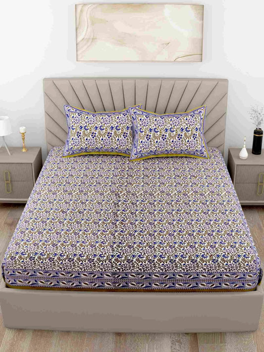 Classic Floral Printed Purple King Size Cotton Bedsheet