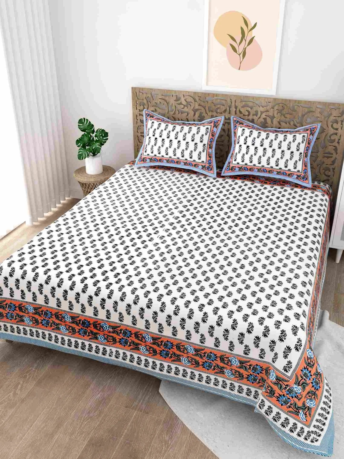 Leafy Border Peach King Size Cotton Bedsheet