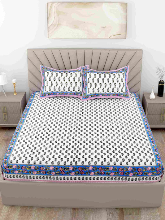 Leafy Border Blue King Size Cotton Bedsheet