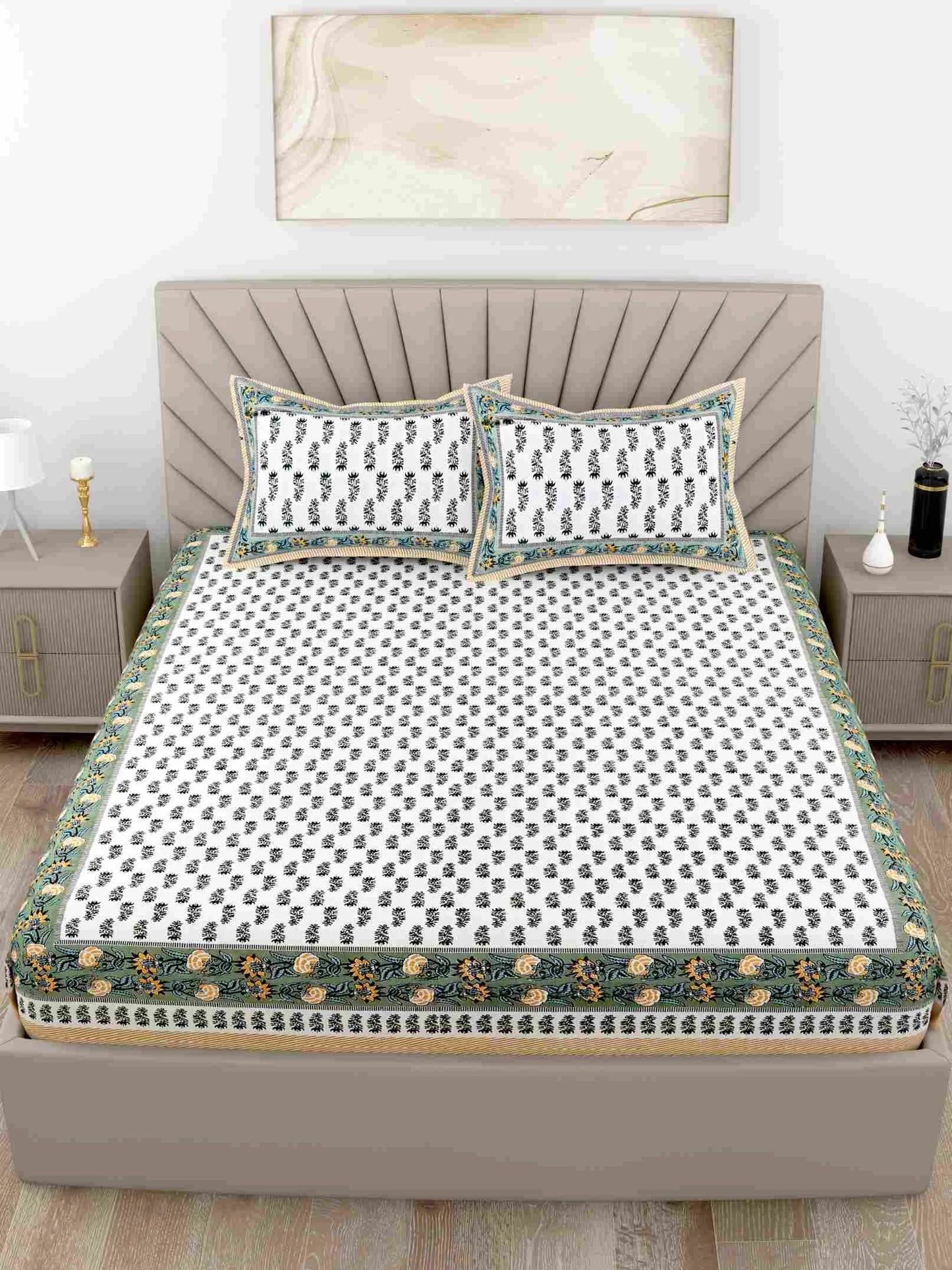 Leafy Border Green King Size Cotton Bedsheet