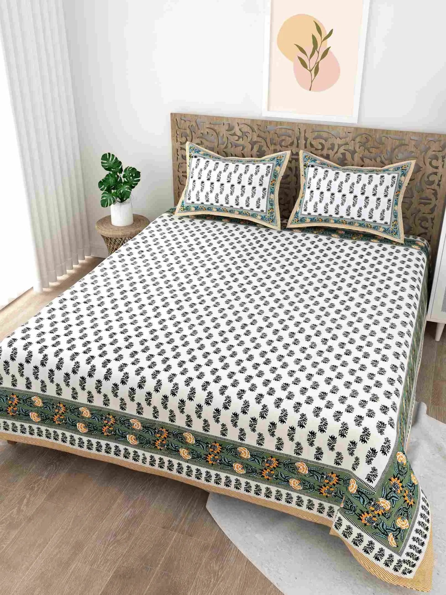 Leafy Border Green King Size Cotton Bedsheet