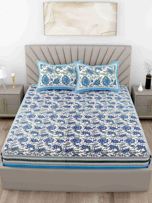 Rajputana Linens Floral Blue King Size Cotton Bedsheet