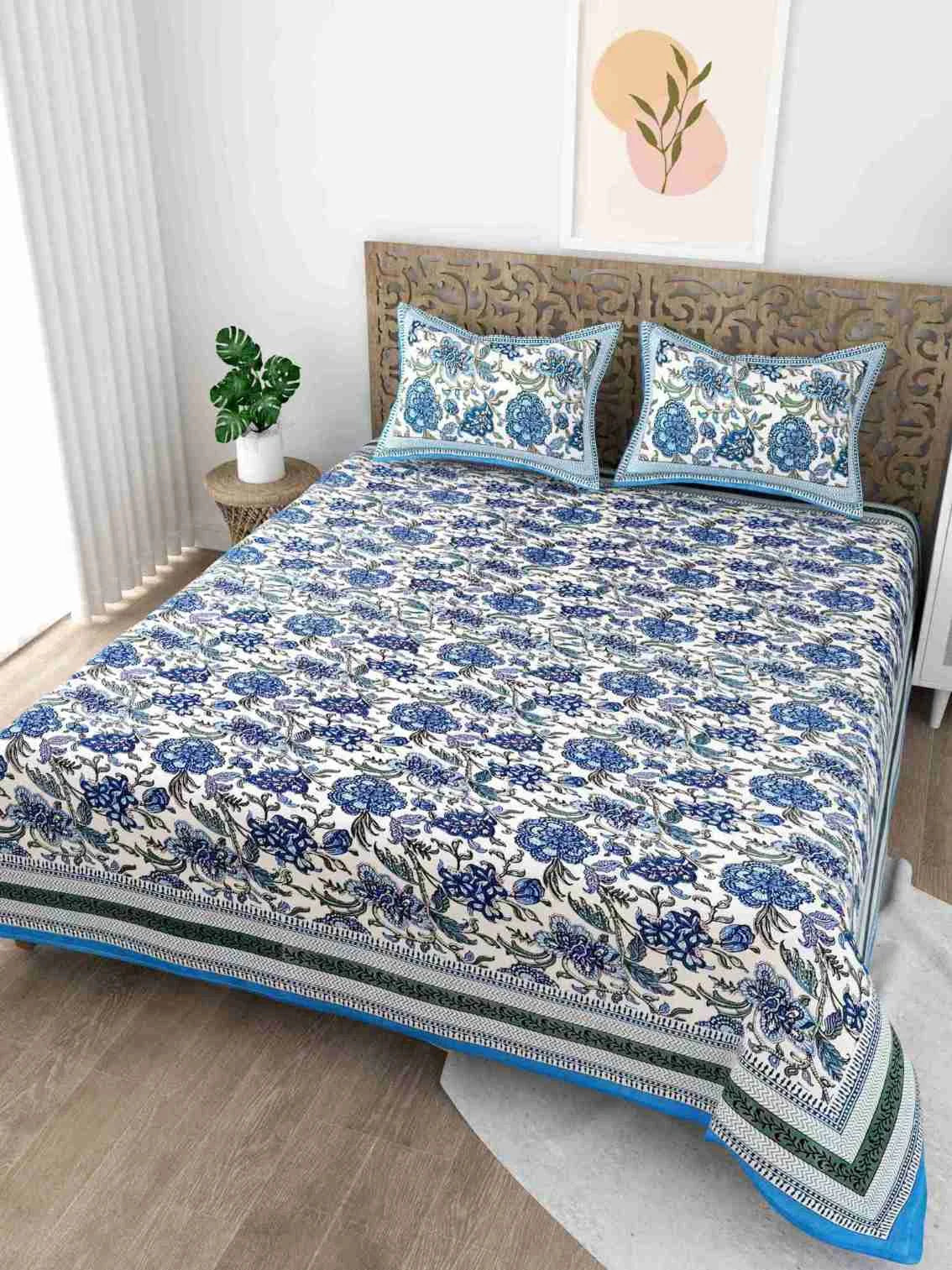 Rajputana Linens Floral Blue King Size Cotton Bedsheet