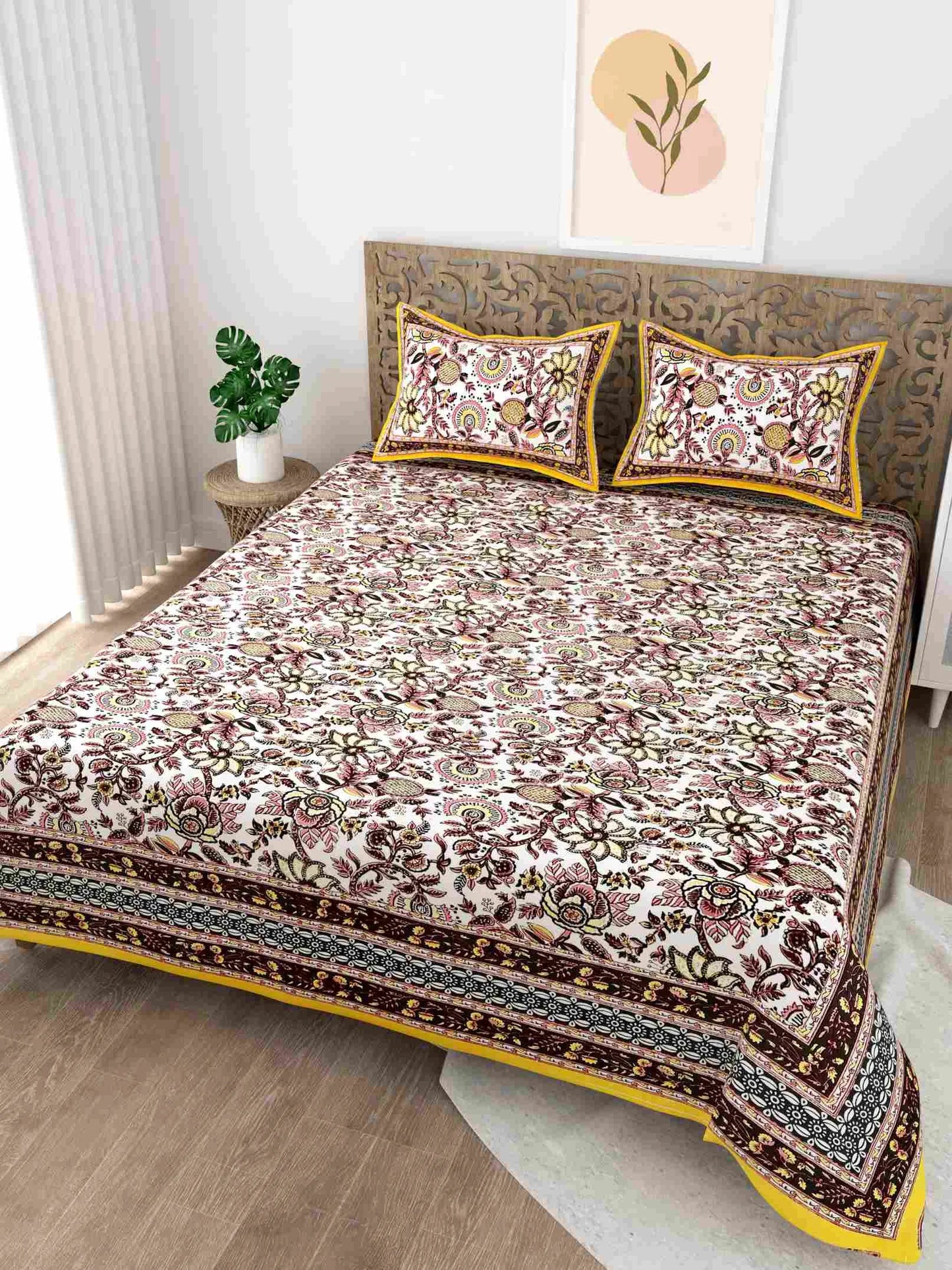 Forest Style Yellow King Size Cotton Bedsheet