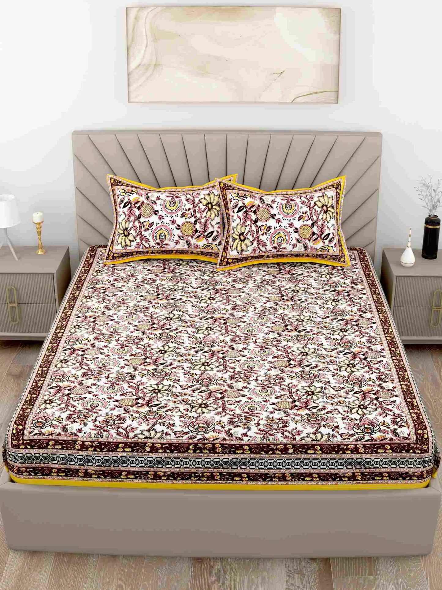 Forest Style Yellow King Size Cotton Bedsheet