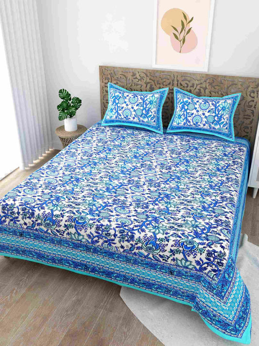 Pattachitra Collection Blue King Size Cotton Bedsheet