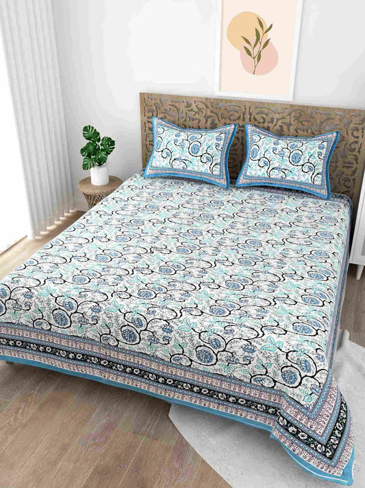 Pattachitra Collection Sky Blue King Size Cotton Bedsheet