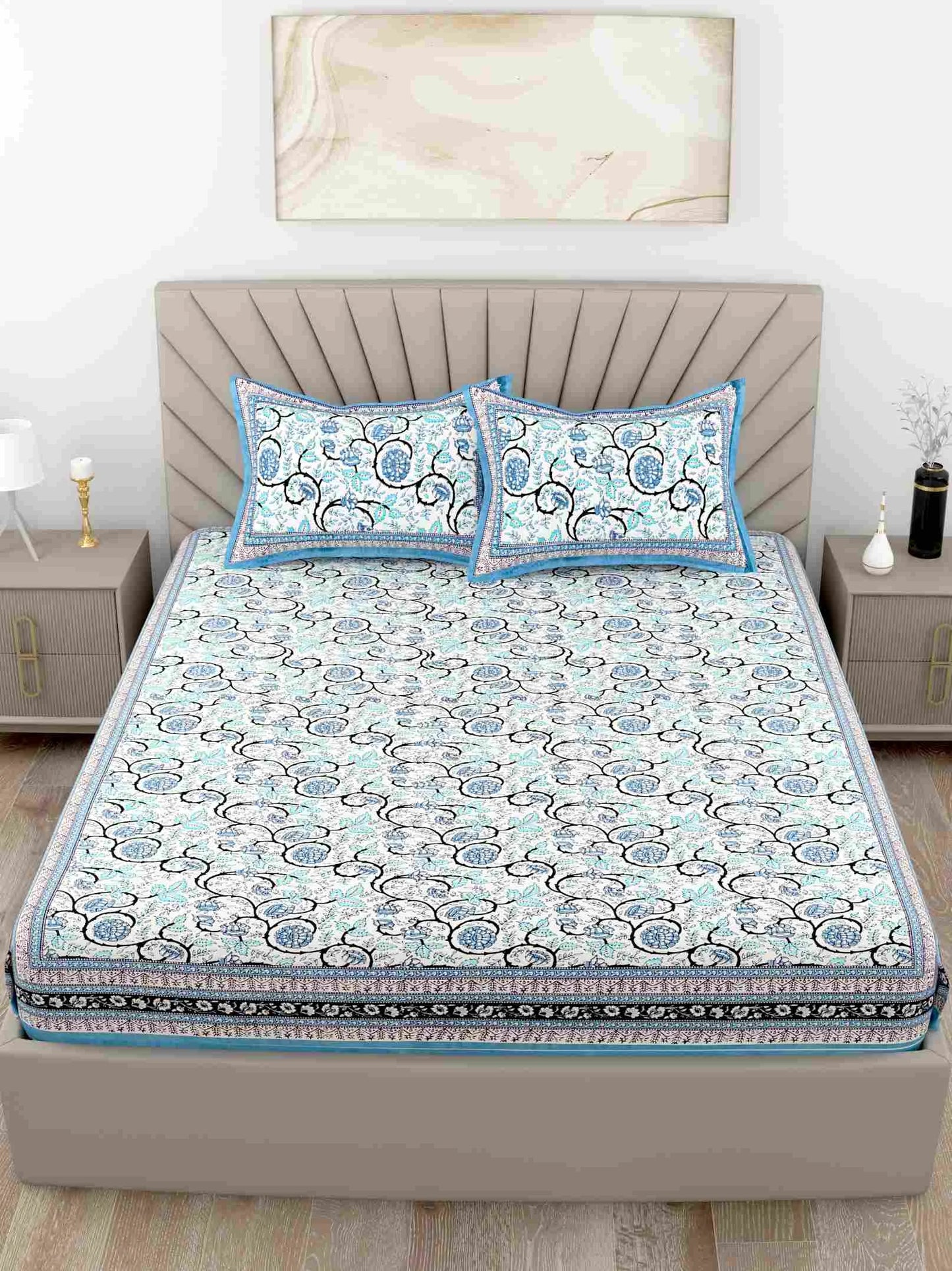 Pattachitra Collection Sky Blue King Size Cotton Bedsheet