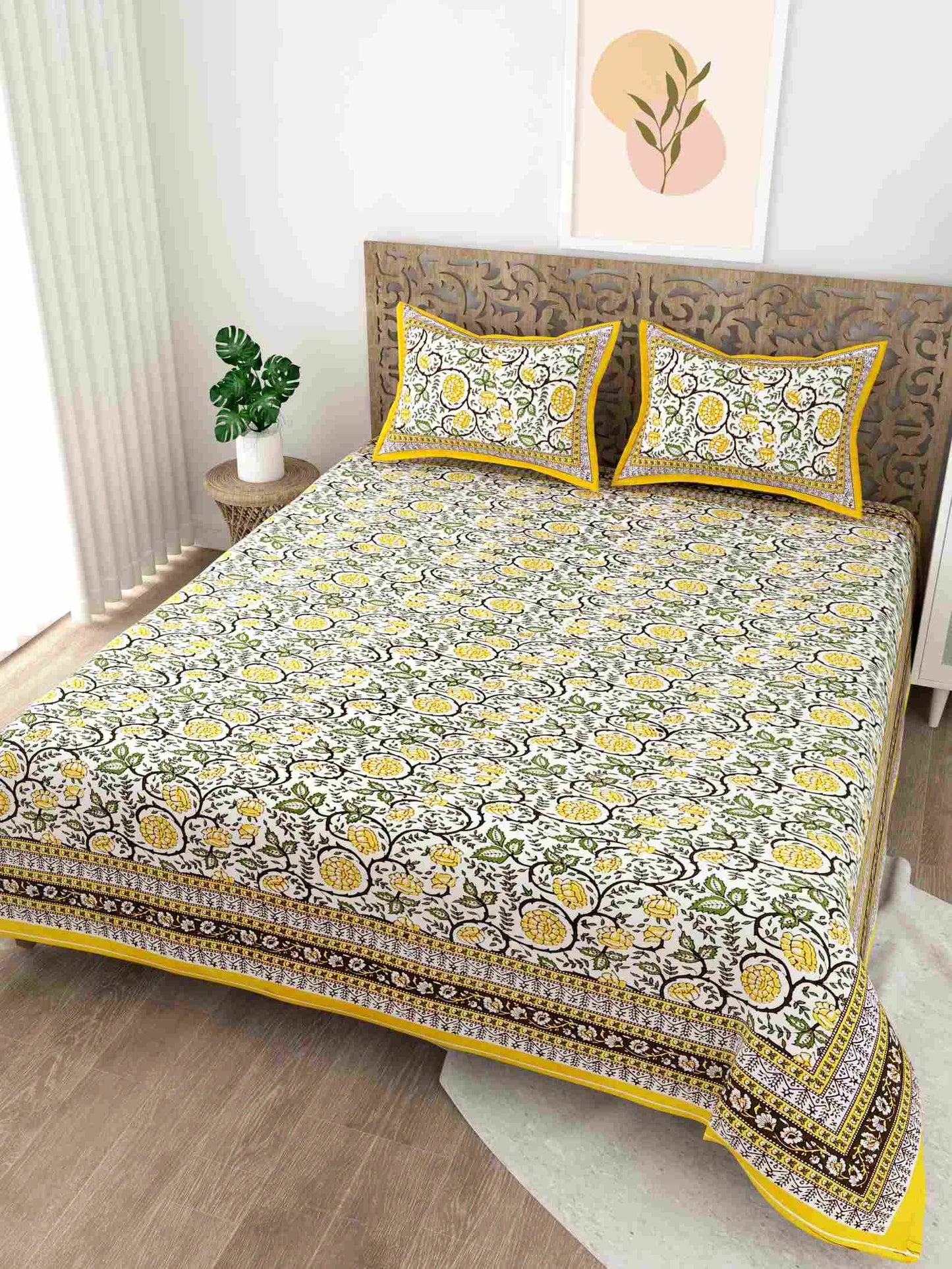 Pattachitra Collection Yellow King Size Cotton Bedsheet