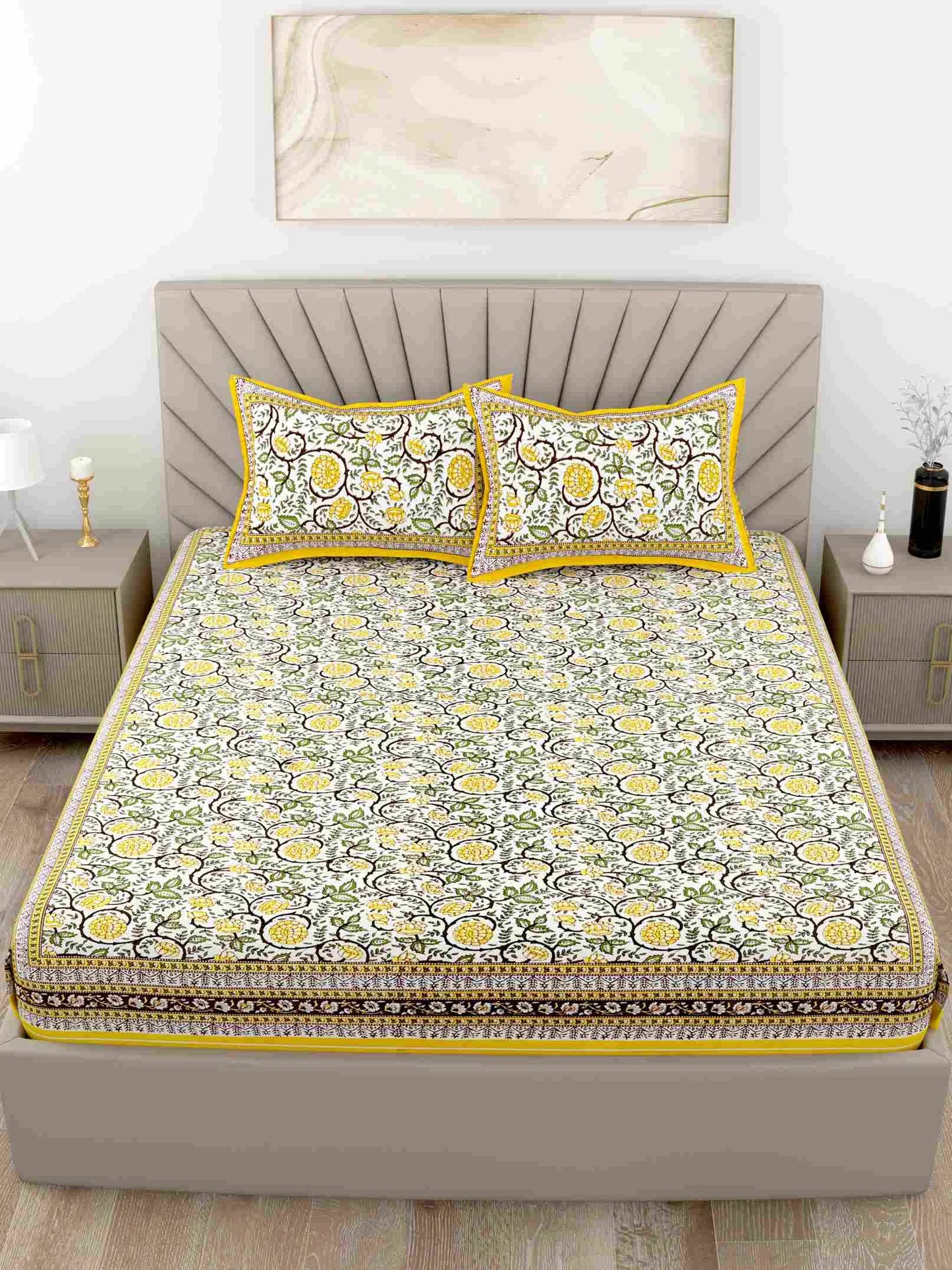 Pattachitra Collection Yellow King Size Cotton Bedsheet