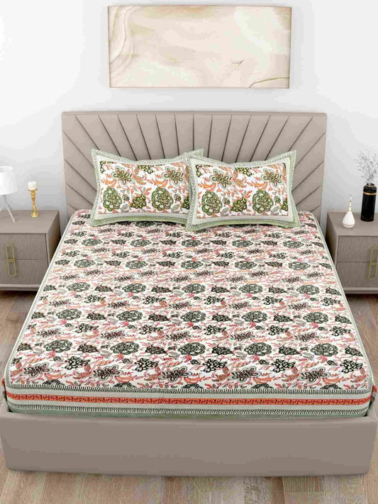 Rajputana Linens Floral Peach King Size Cotton Bedsheet