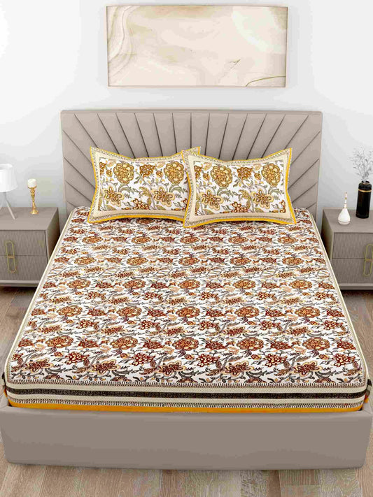 Rajputana Linens Floral Yellow King Size Cotton Bedsheet