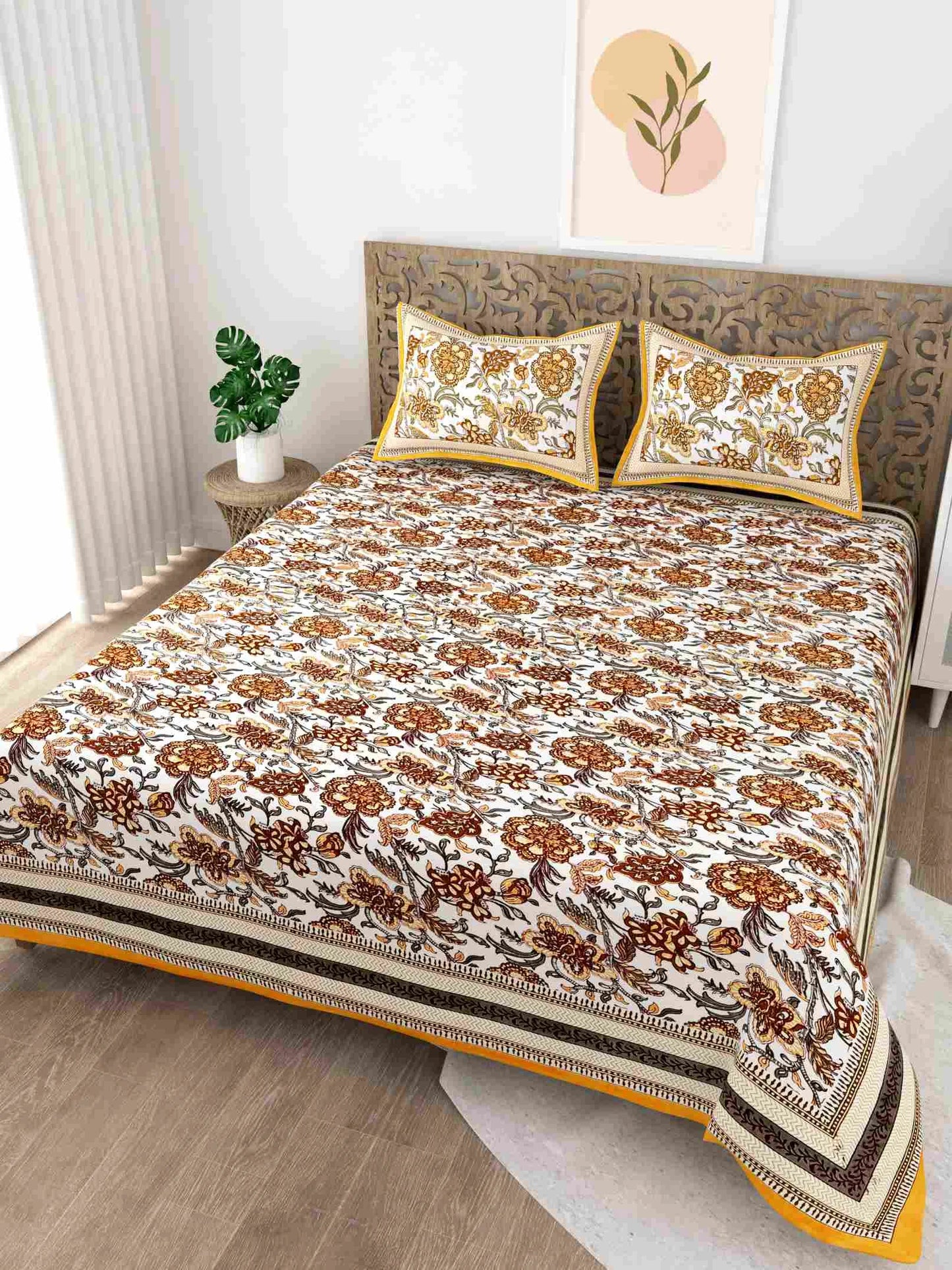 Rajputana Linens Floral Yellow King Size Cotton Bedsheet