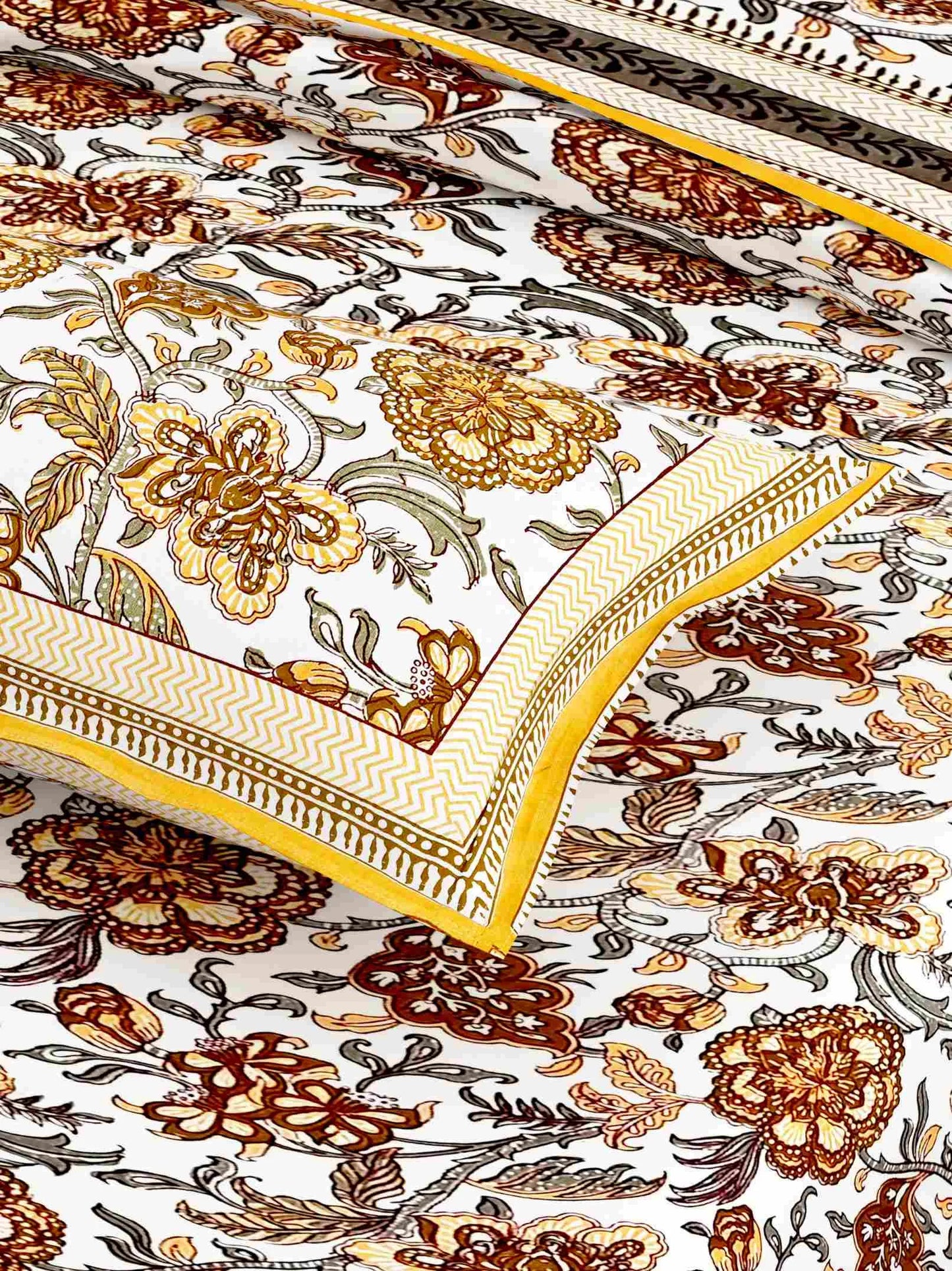 Rajputana Linens Floral Yellow King Size Cotton Bedsheet