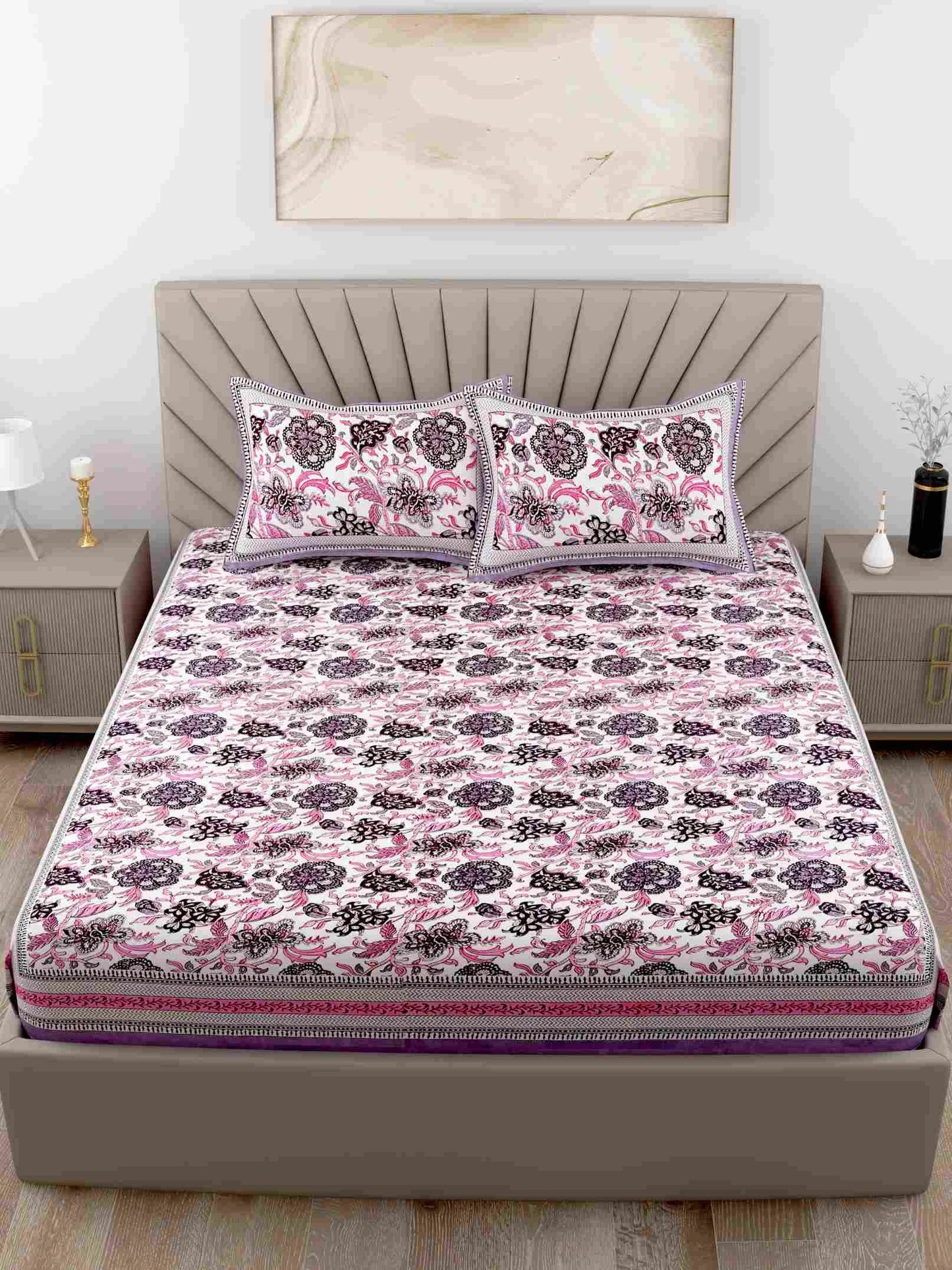 Rajputana Linens Floral Pink King Size Cotton Bedsheet