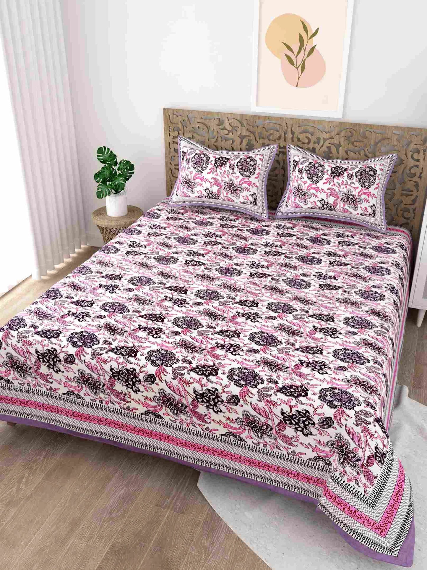 Rajputana Linens Floral Pink King Size Cotton Bedsheet