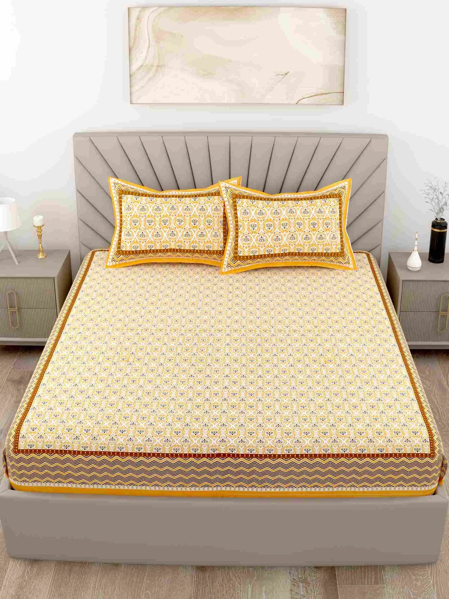 Print Root Classic Yellow King Size Cotton Bedsheet