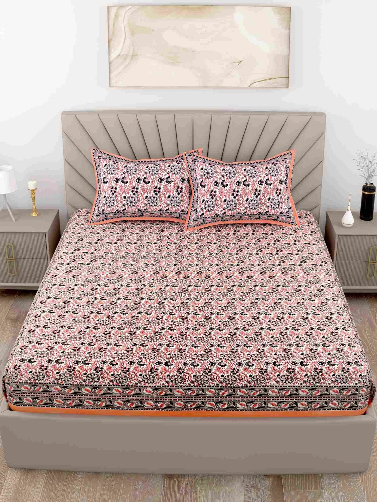 Classic Floral Printed Orange King Size Cotton Bedsheet