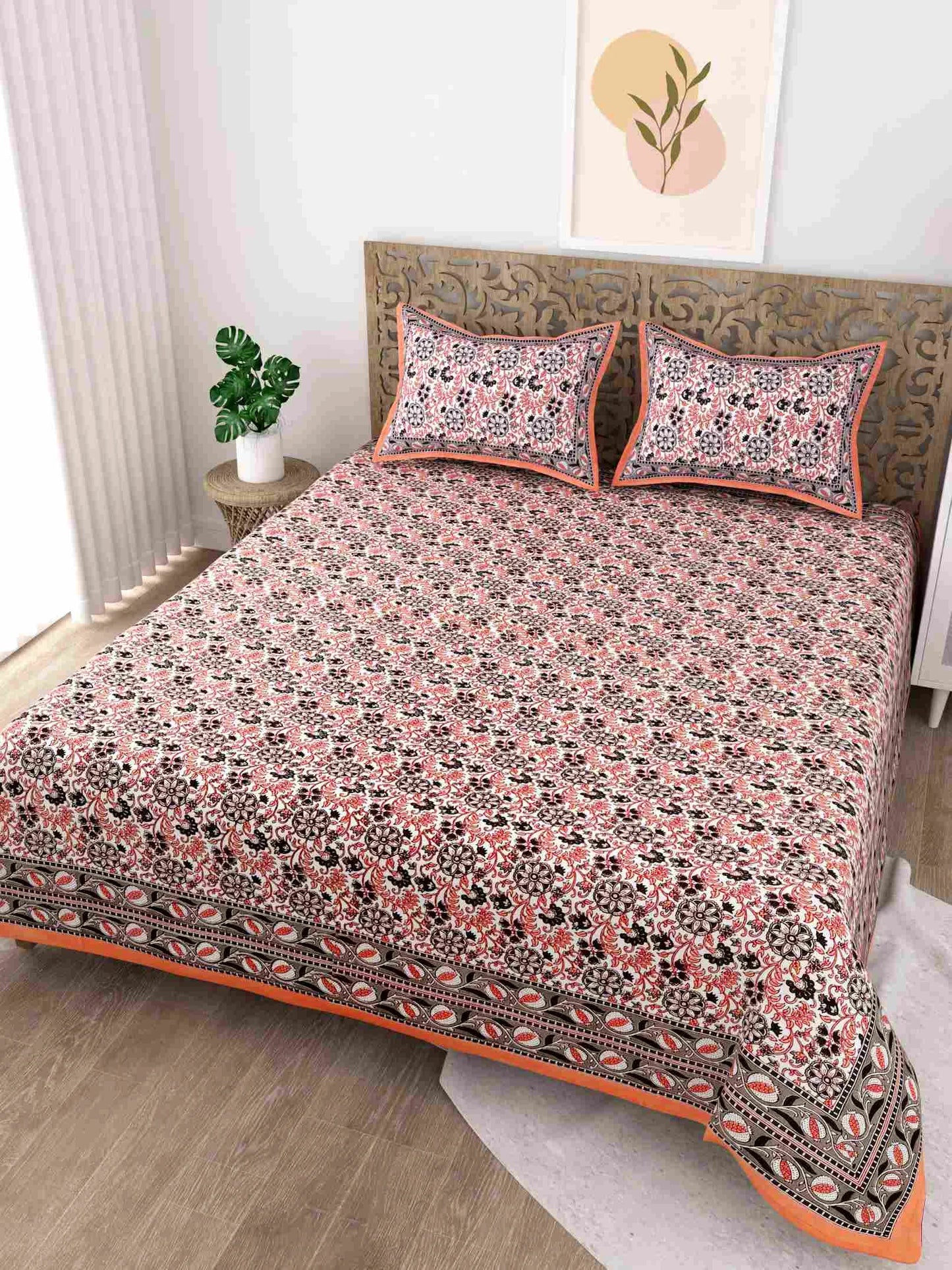 Classic Floral Printed Orange King Size Cotton Bedsheet