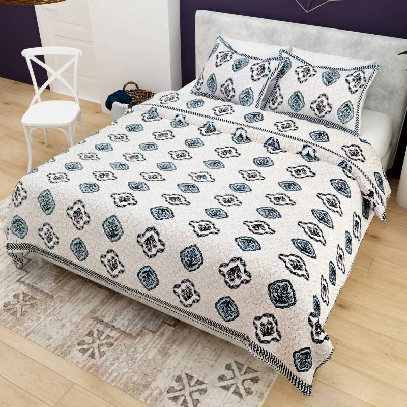 Block Printed Blue King Size Cotton Bedsheet