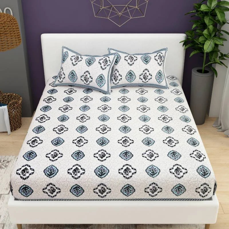 Block Printed Blue King Size Cotton Bedsheet