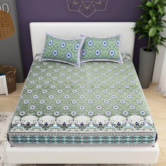 Ethnic Printed Green King Size Cotton Bedsheet