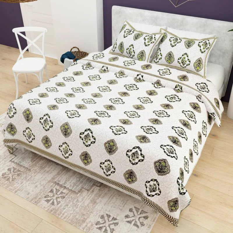 Block Printed Green King Size Cotton Bedsheet