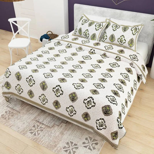 Block Printed Green King Size Cotton Bedsheet