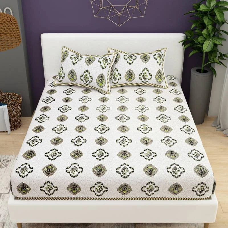 Block Printed Green King Size Cotton Bedsheet