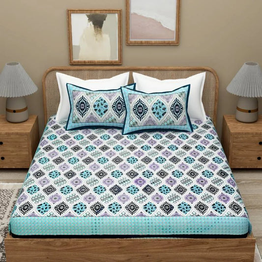 Ultra Premium Block Print Blue King Size Cotton Bedsheet