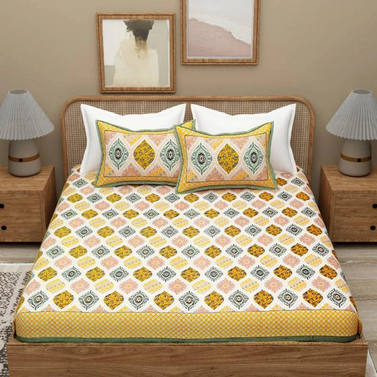 Ultra Premium Block Print Orange King Size Cotton Bedsheet