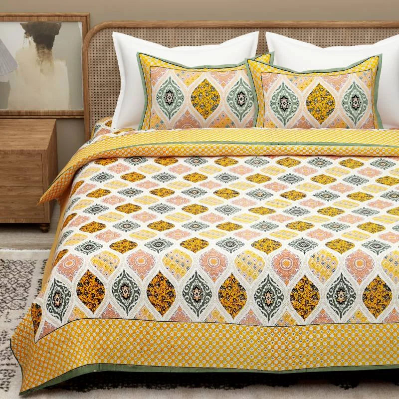 Ultra Premium Block Print Orange King Size Cotton Bedsheet