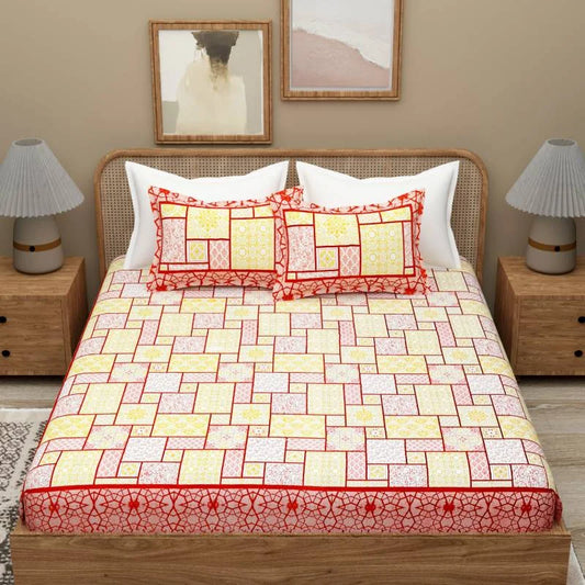 Brick Printed Red King Size Cotton Bedsheet