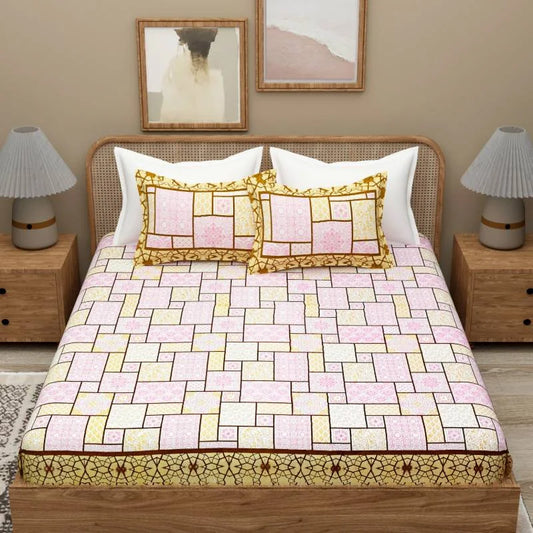 Brick Printed Yellow King Size Cotton Bedsheet