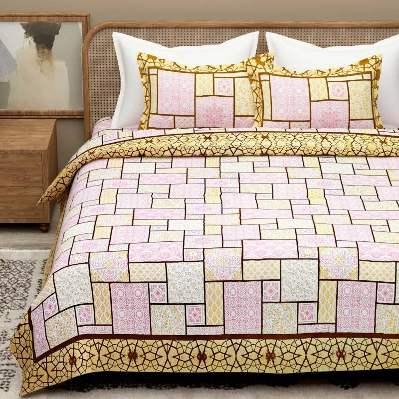 Brick Printed Yellow King Size Cotton Bedsheet