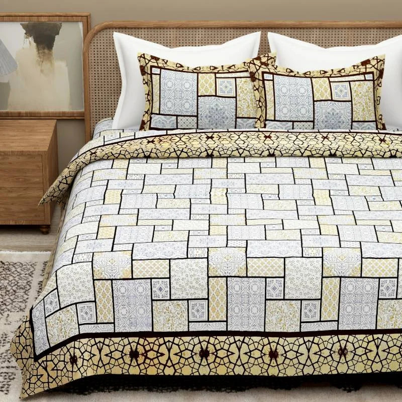 Brick Printed Brown King Size Cotton Bedsheet