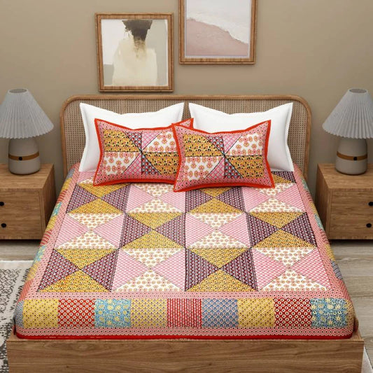 Barmeri Red Colourful King Size Cotton Bedsheet