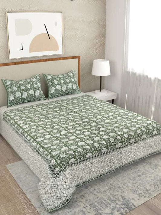 Rhythm Floral Green Super King Size Bedsheet